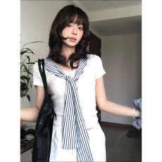 批发原版品质白色海军领短袖t恤女正肩夏季设计感修身披肩上衣