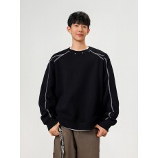 批发华棉复古辑明线铆钉圆领卫衣<b class='q'>男</b>秋季潮牌宽松情侣百搭套头上衣
