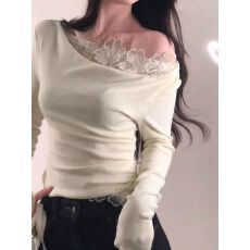 人棉260克蕾丝花边斜肩T恤女春季设计感露肩打底衫内搭甜辣妹上衣