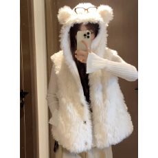 批发原版布料秋冬穿搭小熊耳朵连帽毛毛外套女<b class='q'>马甲</b>上衣