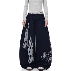 批发纯棉复合重磅320克#美式复古设计火焰绑带宽松长<b class='q'>裤</b>男女阔腿卫<b class='q'>裤</b>子