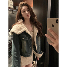 批发港风牛仔羊羔毛加绒外套女冬季长袖宽松大翻领开衫上衣