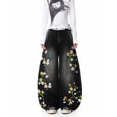 批发美式高街植物花卉刺绣弯刀<b class='q'>牛仔裤</b><b class='q'>男</b>女宽松休闲阔腿设计感百搭长裤