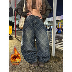 批发加绒加厚美式水洗做旧网格阔腿<b class='q'>牛仔裤</b><b class='q'>男</b>女宽松休闲百搭拖地长裤