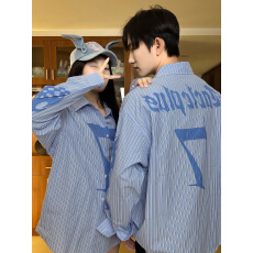 批发国潮手绘火焰<b class='q'>条纹</b>印花<b class='q'>衬衣</b>网红潮牌情侣外套美式蓝色长袖<b class='q'>衬衫</b>男女