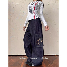 批发青少年阔<b class='q'>腿</b>工装牛仔<b class='q'>裤</b>女春秋季新款设计感多口袋高腰宽松直筒<b class='q'>裤</b>