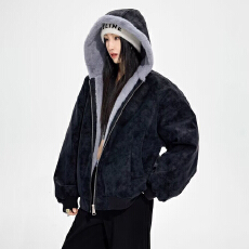 批发2025休闲荔枝皮兔毛绒棉服小众座山雕毛绒连帽卫衣外套情侣棉服