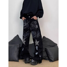 批发美式高街复古设计感泼墨印花牛仔裤男女<b class='q'>潮牌</b>时尚宽松痞帅阔腿裤