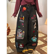 批发美式卡通贴布牛仔长裤男女同款秋刺绣印花阔腿直筒裤长裤