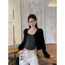 批发原版布料韩系时尚套装长袖开衫女秋季吊带背心两件套