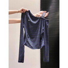 批发原版色织条条纹斜肩长袖<b class='q'>T</b><b class='q'>恤</b>女辣妹修身不规则上衣