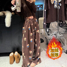批发薄款/加绒复合超柔 可爱印花休闲阔腿裤女秋冬新款慵懒