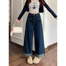 大码 直筒 九分烟管裤小个子牛仔裤女2026春高腰宽松阔腿裤子