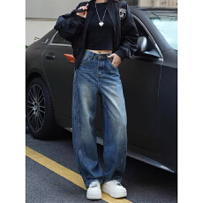 复古水洗做旧微喇牛仔裤男女款高街宽松直筒阔腿拖地长裤