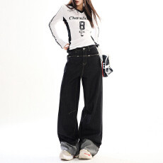 批发深色撞色翻边阔腿牛仔裤女中性新款小众设计感宽松显瘦直筒<b class='q'>裤子</b><b class='q'>男</b>