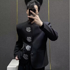2026新中式立领黑色西装外套男高级感小众烫钻花朵重工垫肩西服