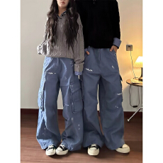 批发格纹贴布破坏补丁男女同款工装<b class='q'>裤</b>宽松长<b class='q'>裤</b>子春秋季潮牌休闲<b class='q'>裤</b>