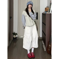 批发美式白色大口袋工装<b class='q'>七分</b>牛仔裤女夏季阔腿直筒宽松中裤八分短裤子