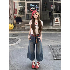 批发美式复古<b class='q'>七分</b>牛仔短裤女2026春夏宽松显瘦慵懒风直筒阔腿裤子中裤