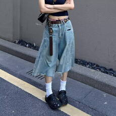 批发美式解构毛边设计感牛仔短裤男女夏季宽松休闲水洗小众阔腿<b class='q'>七分</b>裤