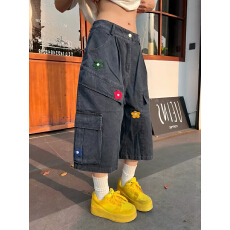 批发大码美式复古花朵刺绣<b class='q'>牛仔</b>七分裤<b class='q'>男</b>女高街vibe宽松阔腿工装<b class='q'>短裤</b>夏