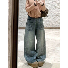 批发潮流慵懒风休闲阔腿牛仔裤女<b class='q'>春秋</b>季新款ins潮时尚高街拖地牛仔裤