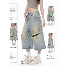 批发美式复古<b class='q'>夏</b>季新款破洞牛仔短裤男女水洗宽松痞帅七分裤潮