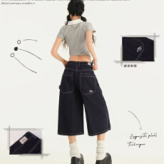 批发牛仔短裤女<b class='q'>夏</b>宽松直筒<b class='q'>夏</b>薄款高腰显瘦百搭五分裤阔腿中裤