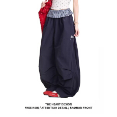 批发格子拼接刺绣<b class='q'>工装裤</b><b class='q'>女</b>美式潮牌褶皱运动阔腿裤宽松<b class='q'>休闲裤</b>