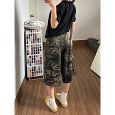 批发微胖mm高街宽松休闲工装七分裤<b class='q'>女</b>春季新款美式多口袋迷彩牛仔中裤