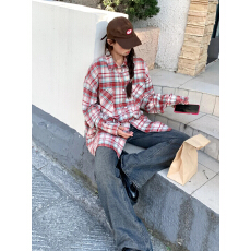 批发美式复古磨毛格子衬衫<b class='q'>长袖</b>红色格纹衬衣/双口袋/实价