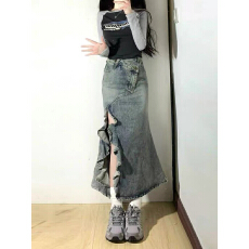 批发<b class='q'>不规则</b>开叉牛仔<b class='q'>半身裙</b>女2026春夏季高腰显瘦a字包臀鱼尾裙中长裙