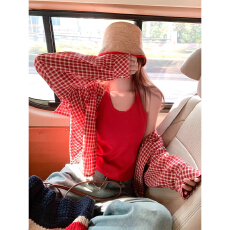 韩系红色格子防晒衬衫外套女早春季新款宽松衬衣开衫上衣