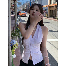 批发原版品质条纹<b class='q'>衬衫</b>女夏季新款设计感辣妹无袖修身显瘦气质上衣