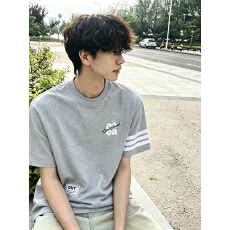 批发刺绣+订标+印花19支220克纯棉索罗娜领口短袖T恤