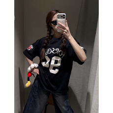 批发原版拉浆立体印花刺绣19支220克纯棉索罗娜领口短袖T恤