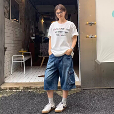 批发夏季美式休闲痞帅高端外贸大口袋工装牛仔短裤<b class='q'>男</b>宽松潮牌七分<b class='q'>裤子</b>