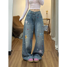 批发美式巴鲁米星星贴布阔腿牛仔裤女2026新款<b class='q'>春</b>夏小众宽松百搭拖地裤