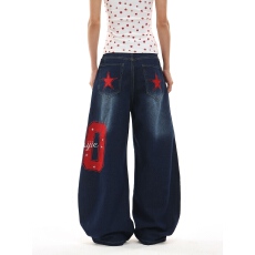 批发美式<b class='q'>秋</b>季星星刺绣弯刀裤女小众设计感阔腿宽松痞帅牛仔裤拖地长裤