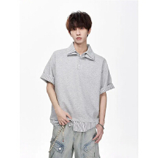 2026美式复古条纹假两件短袖POLO衫男女潮牌宽松百搭情侣体恤