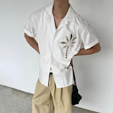 日系复古椰子刺绣短袖衬衫男夏季情侣山系潮牌宽松休闲小众衬衣