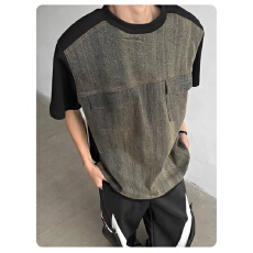 牛仔短袖男高级感痞帅拼接垫肩t恤重磅小众设计师半截袖