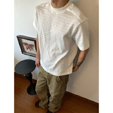 批发美式复古肌理感提花短袖<b class='q'>T</b><b class='q'>恤</b>男女宽松休闲半袖上衣潮