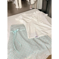 批发套装女夏季韩系复古蕾丝拼接V领短袖T恤上衣<b class='q'>高腰</b>显瘦格纹<b class='q'>半身裙</b>潮