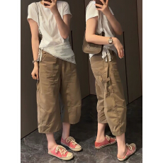 批发卡其色工装牛仔裤<b class='q'>女</b>夏季薄款2026新款宽松显瘦美式八分阔腿直筒裤