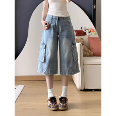 批发美式复古浅蓝色工装七分牛仔裤<b class='q'>女</b>夏季新款高腰宽松多口袋阔腿中裤
