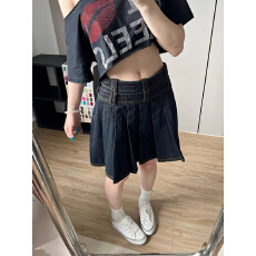 批发美式复古辣妹设计感做旧水洗系扣A字压褶牛仔裙夏<b class='q'>百搭</b>显瘦半身裙