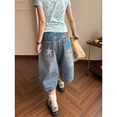 批发美式复古字母星星刺绣宽松阔腿直筒七分裤<b class='q'>男</b>女夏季<b class='q'>牛仔</b>裤休闲<b class='q'>短裤</b>