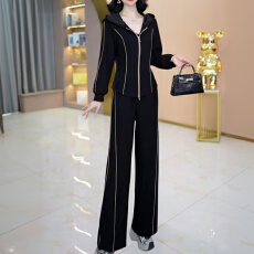 批发休闲运动套装女春秋季新款气质连帽时尚显瘦收腰外套长裤两件套
