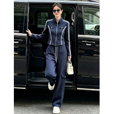 批发高档感时尚休闲运动套装女春秋季修身立领外套卫衣阔腿裤两件套
